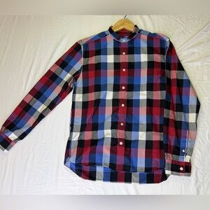 BEAMS Japan Band Collar Madras Plaid Cotton Shirt Multicolor Medium Fit M